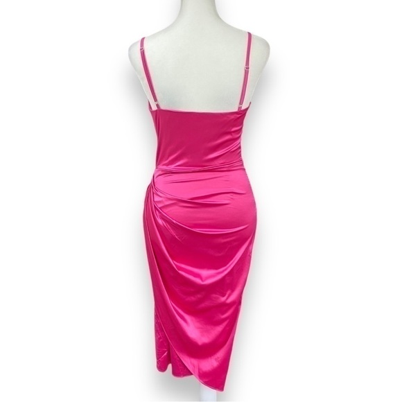New HTZMO Fuchsia Ruched Cowl Neck Satin Midi Dress Size Extra Small - Picture 8 of 16